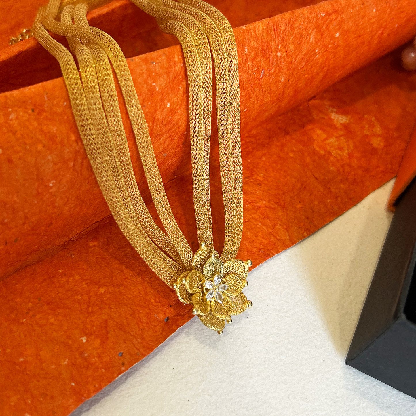 Gold Woven Mesh Ribbon Flower Necklace and Earring Set