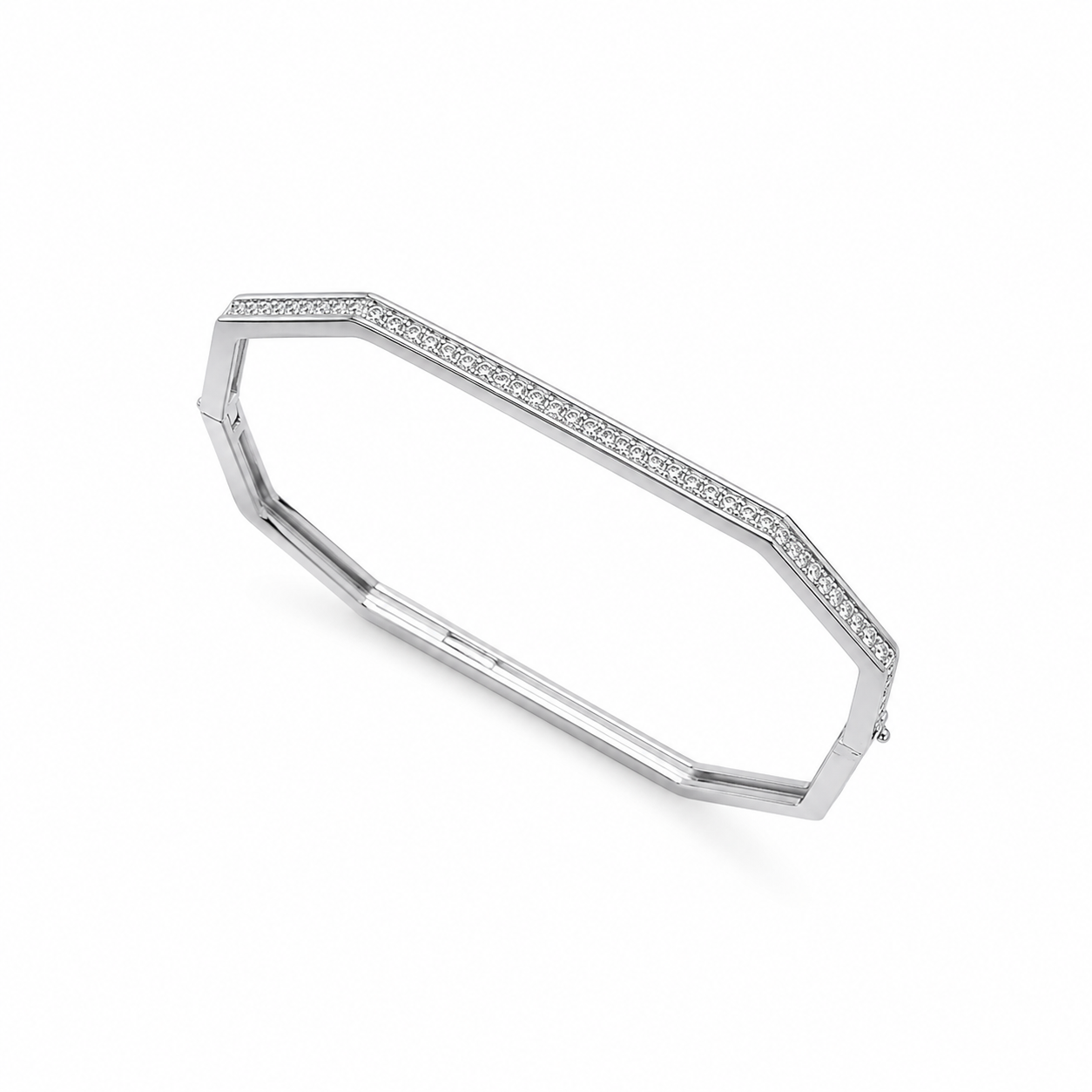 Hexagonal Cz Pave Silver Plated Hinge Bangle