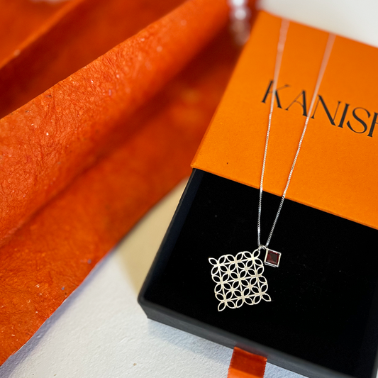 Intricate Cutout Square Grid Pendant Chain with Garnet Accent