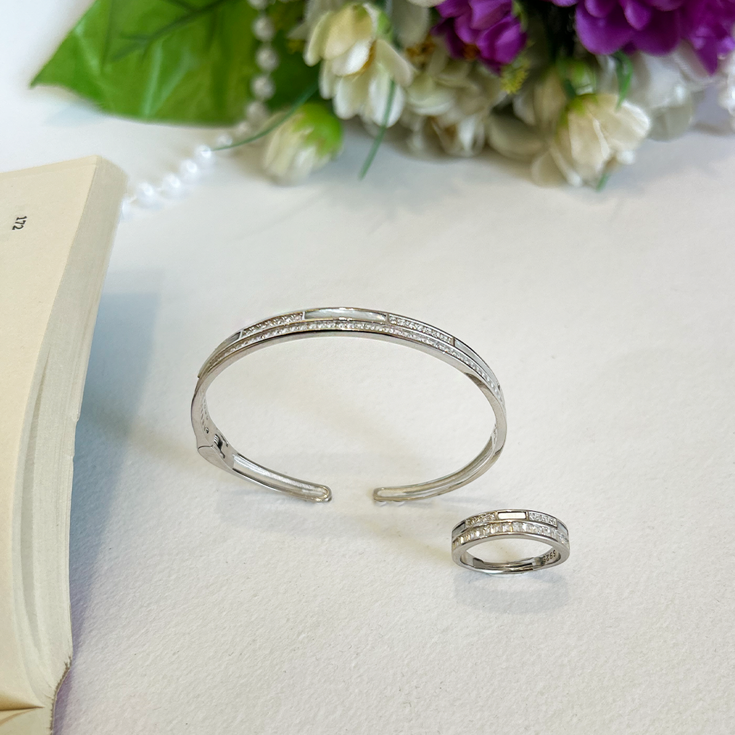 Luminous White Inlay and Pave Silver Cuff with Matching Band