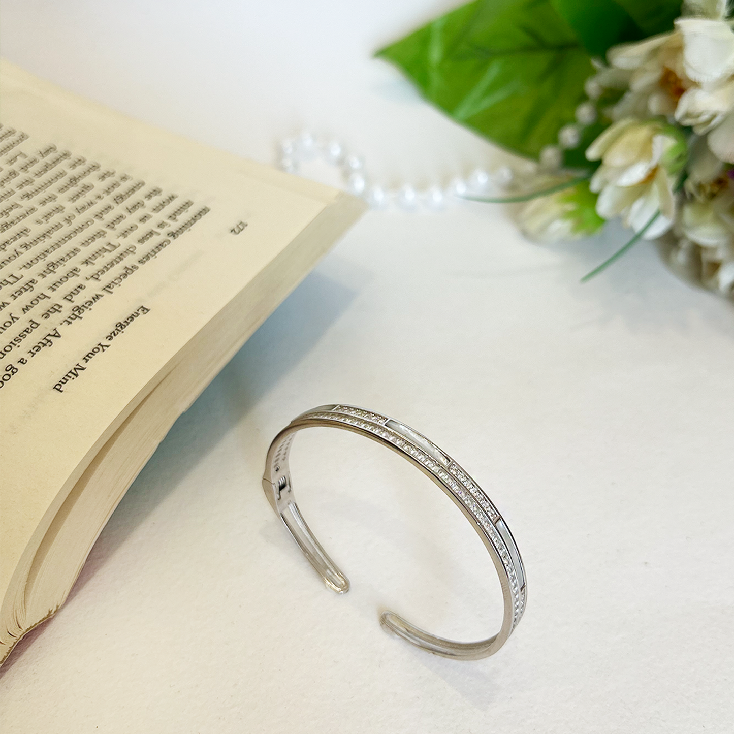 Luminous White Inlay and Pave Silver Cuff with Matching Band