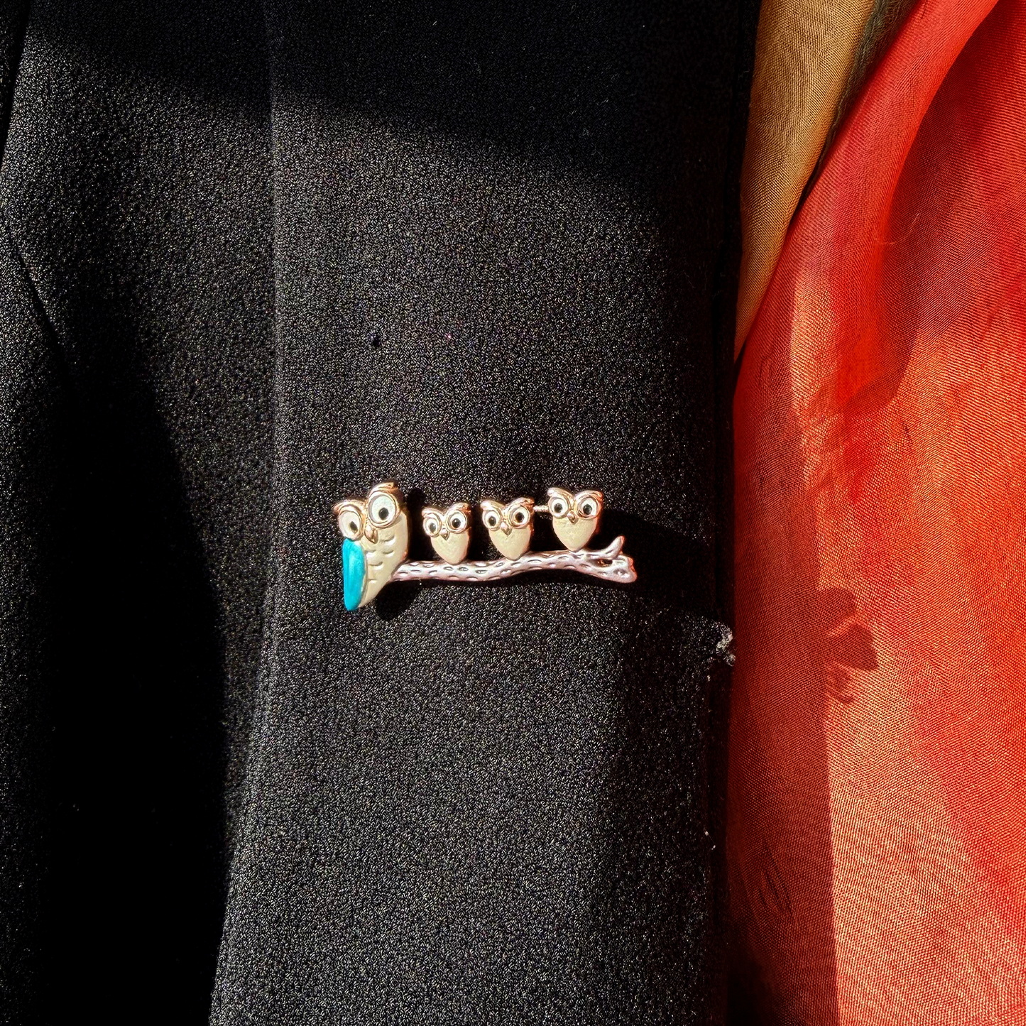 Owl Family on Branch Brooch With Enamel Accents