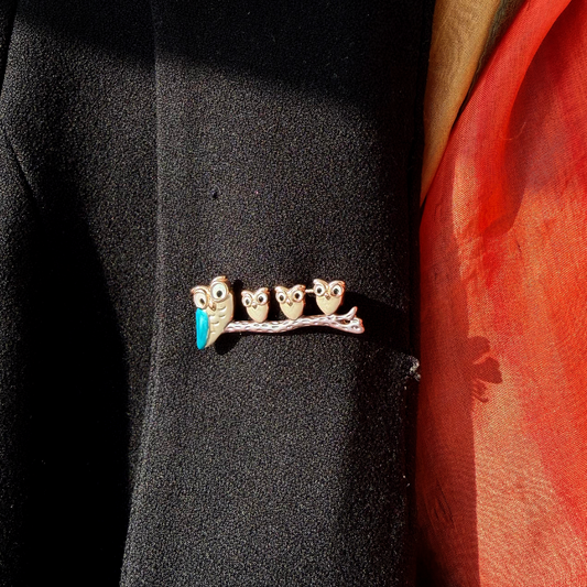 Owl Family on Branch Brooch With Enamel Accents