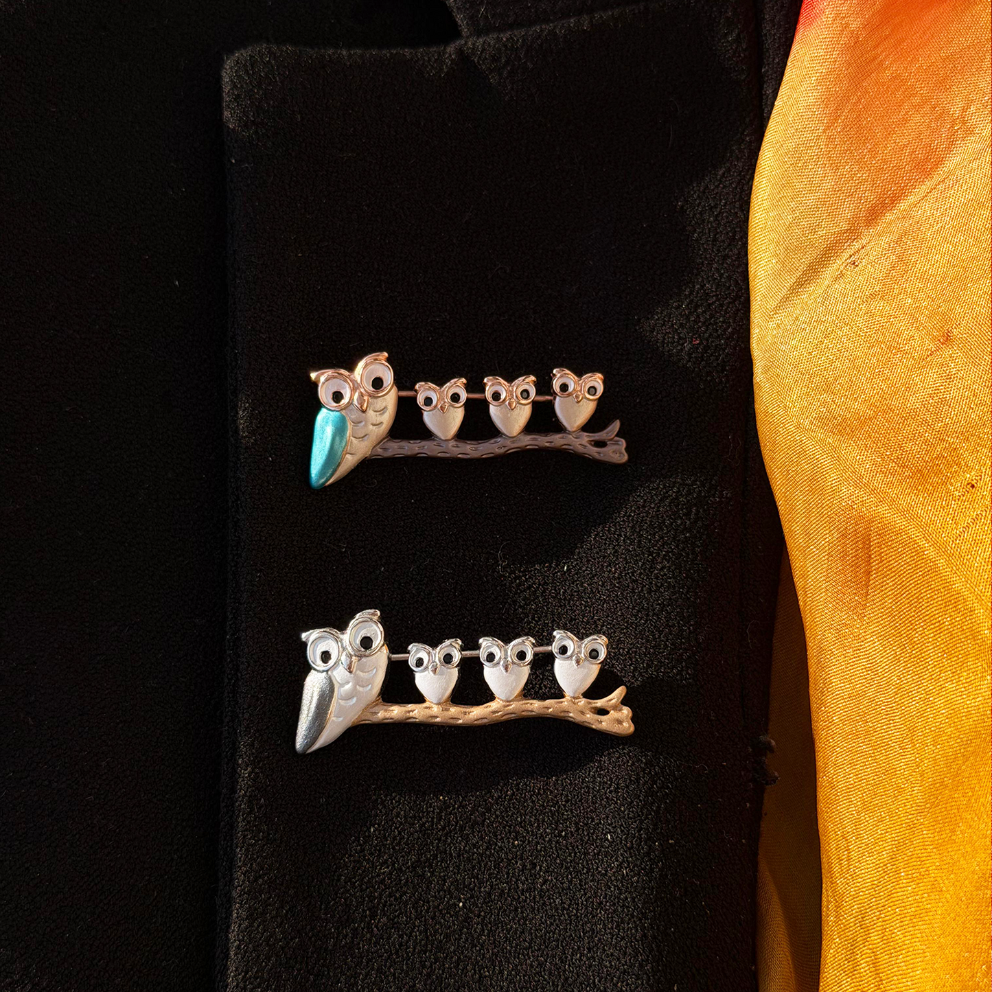Owl Family on Branch Brooch With Enamel Accents
