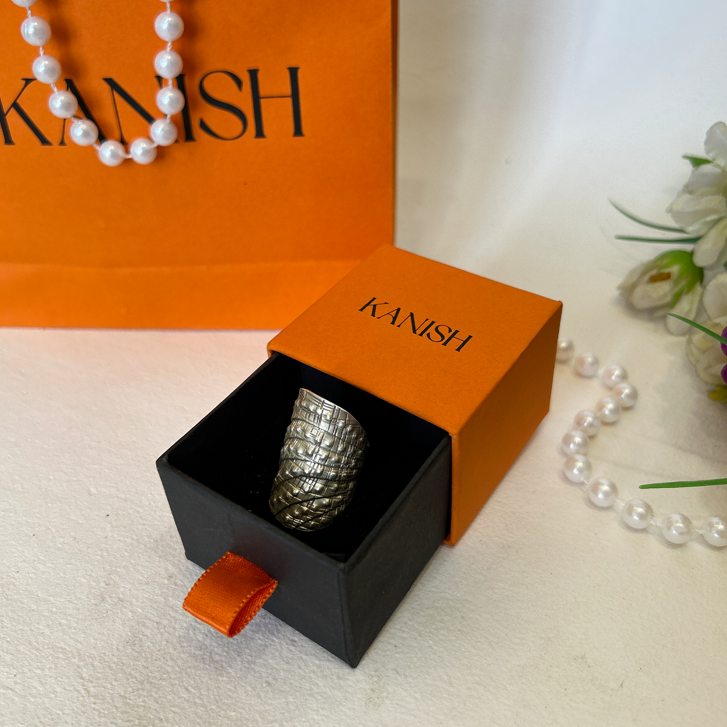 Oxidised Textured Wide Band Silver Statement Ring