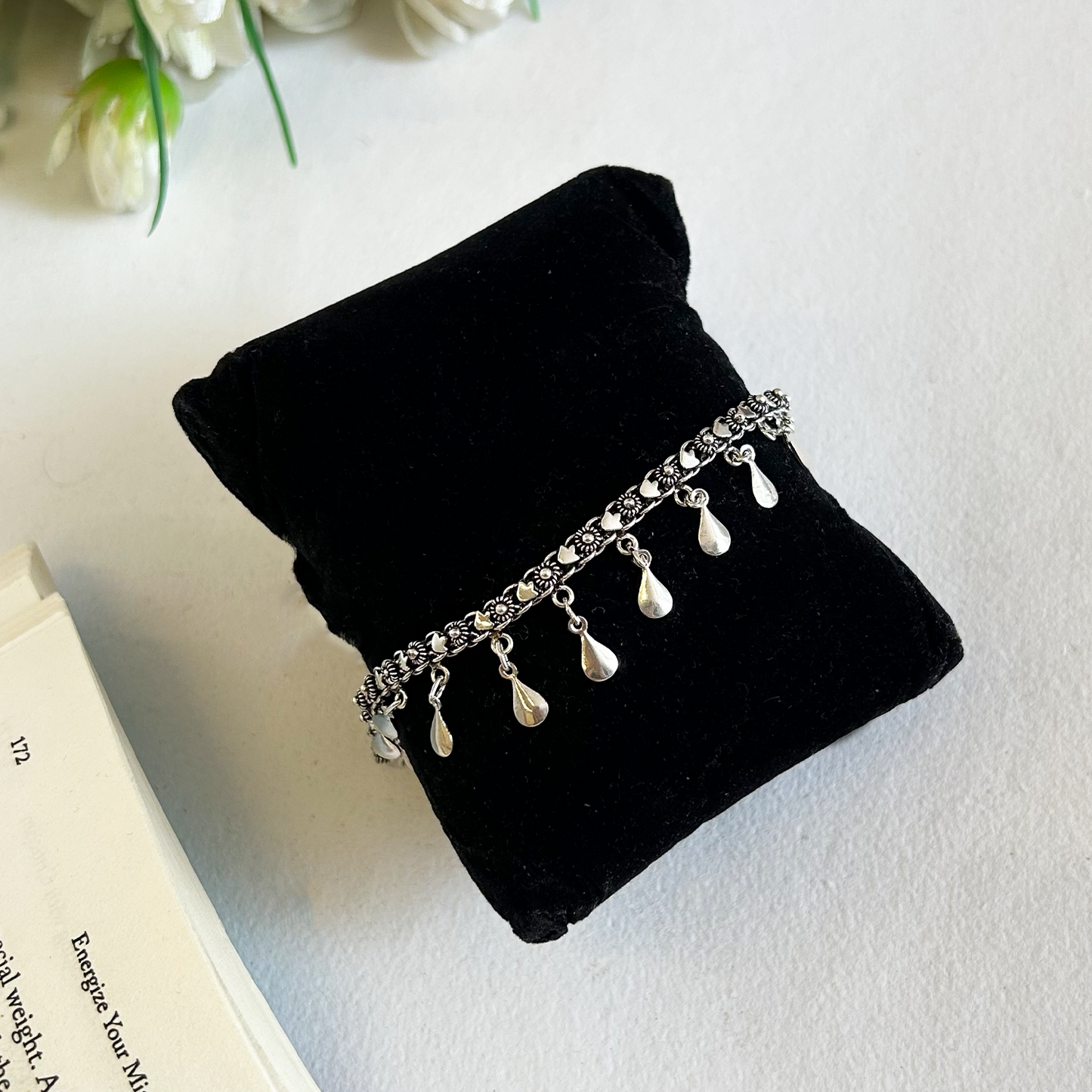 Oxidized Silver Floral Link Teardrop Fringe Bracelet