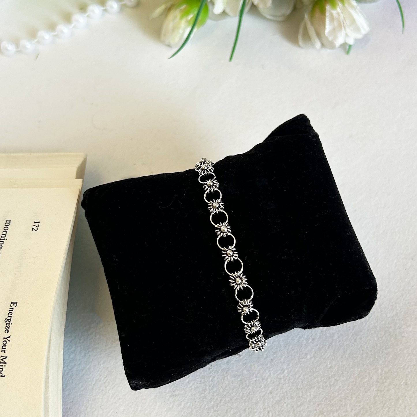 Oxidized Silver Sunflower and Open Loop Link Bracelet