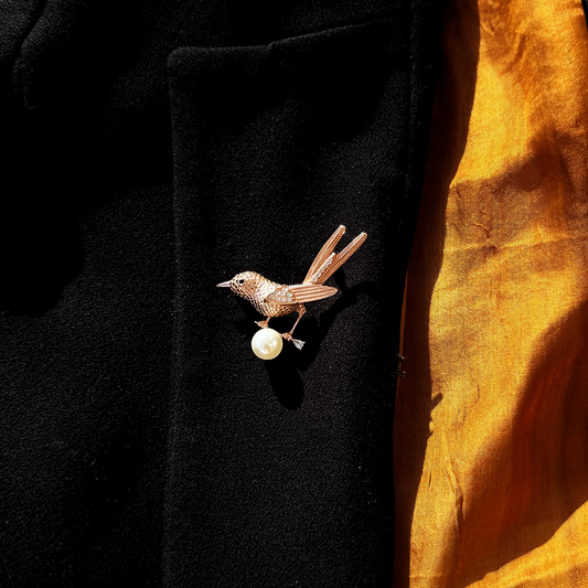 Pearl Crested Songbird Rose Gold Brooch