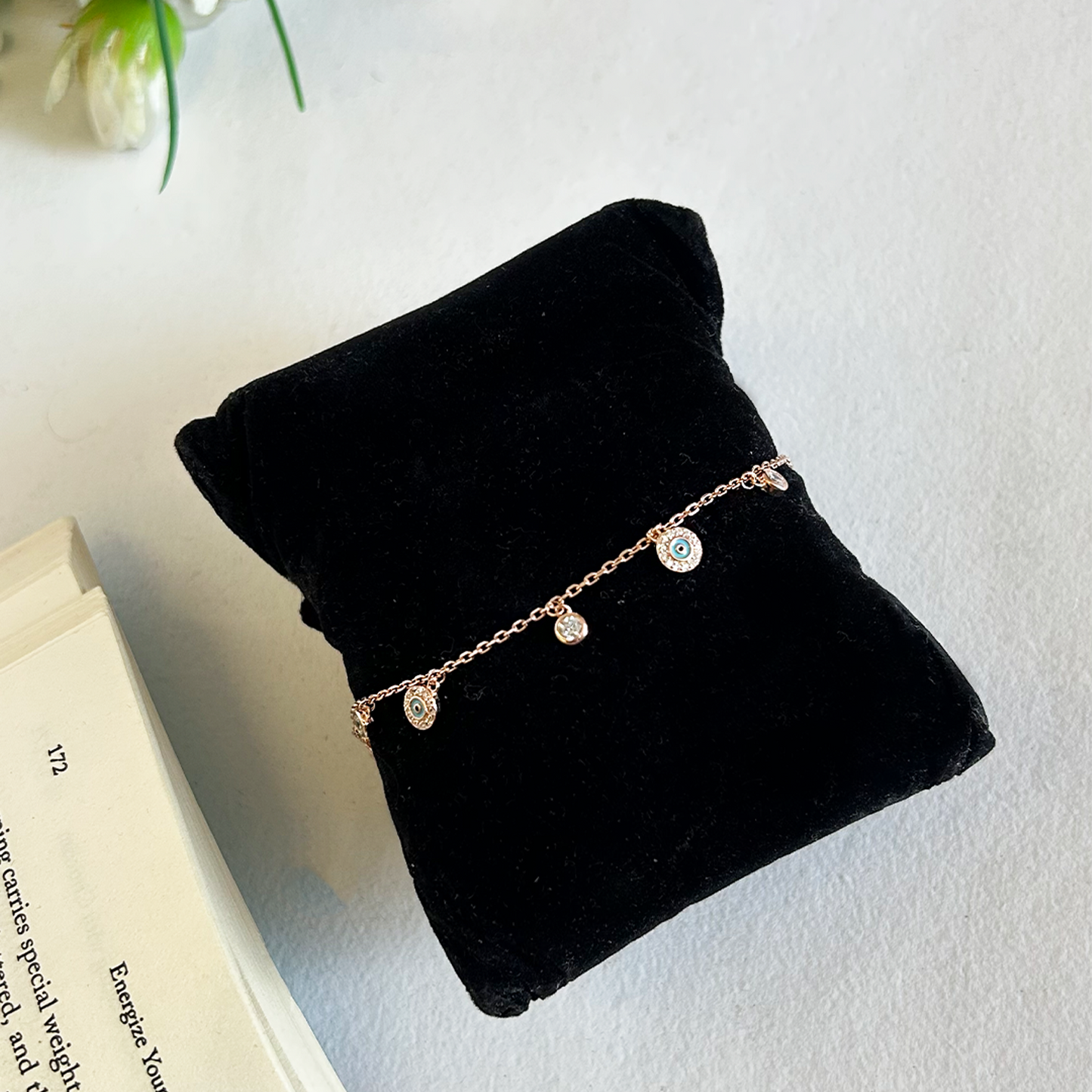 Rose Gold Evil Eye Cz Charm Dangle Bracelet