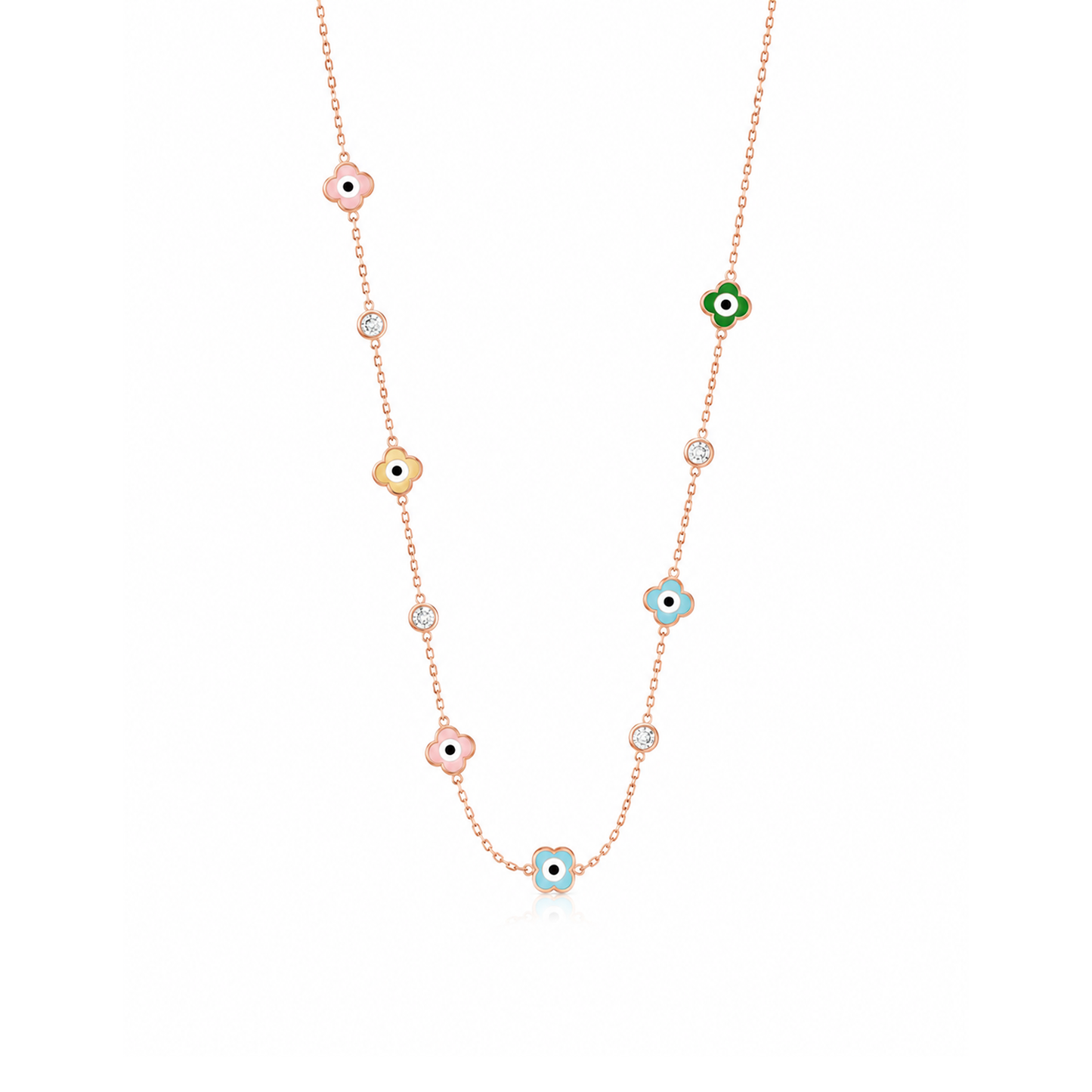 Rose Gold Multicolor Enamel Clover Evil Eye Station Necklace