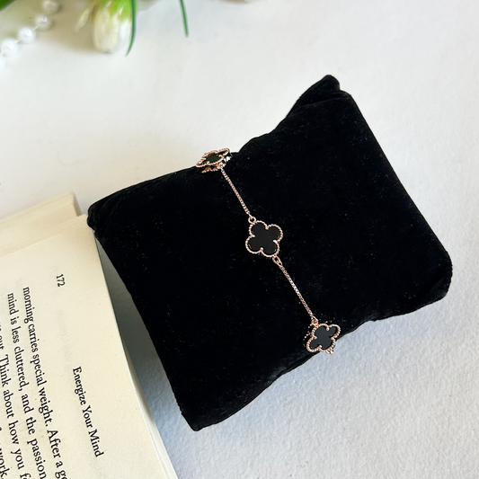Rose Gold Plated Four-Leaf Clover Black Inlay Bracelet