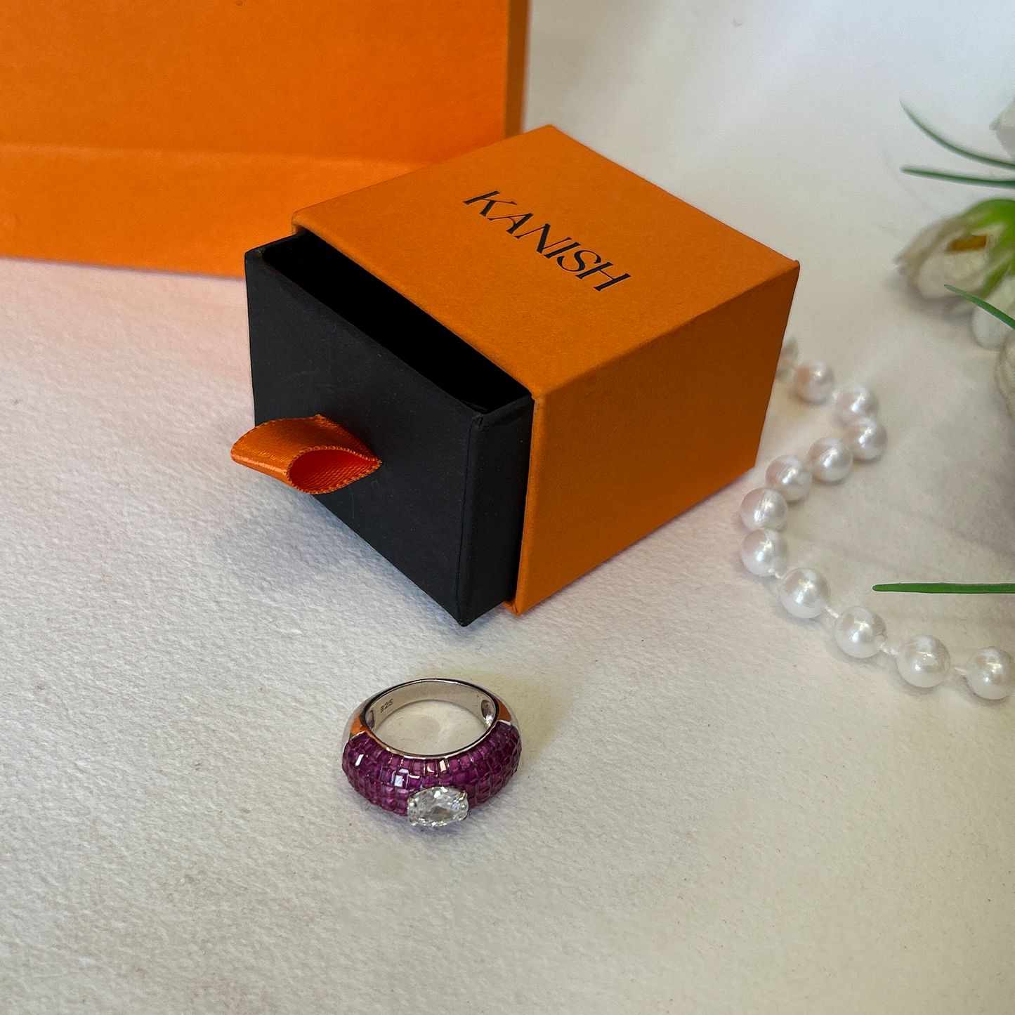 Ruby Red Mosaic Wide Band Ring With Oval Center Stone