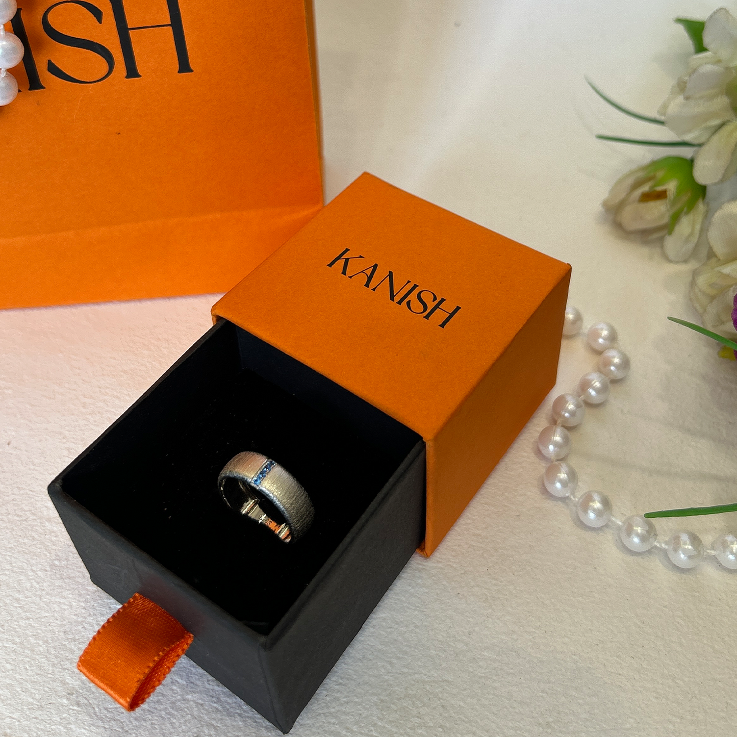Satin Finish Sterling Silver Band With Blue Stones