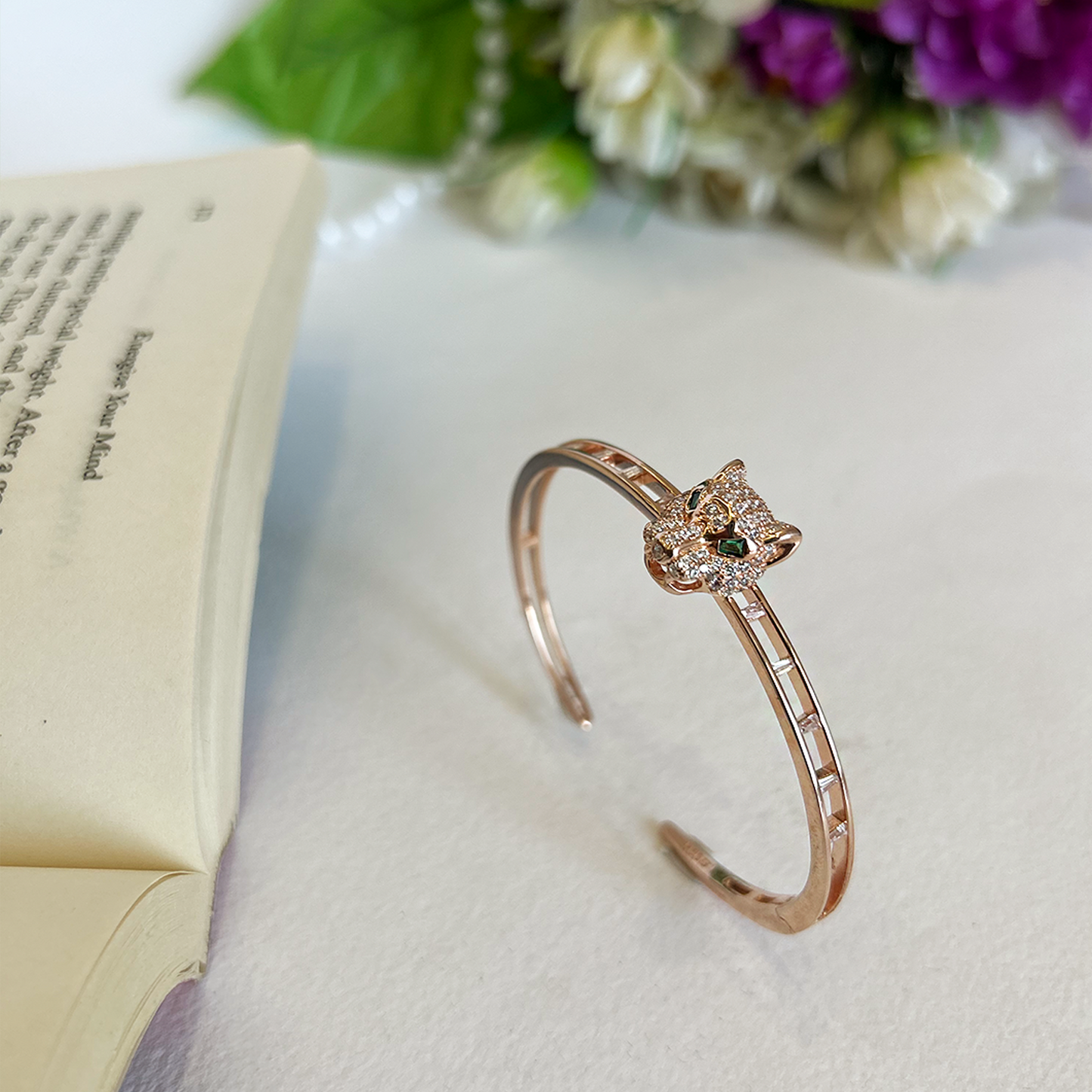 Sculpted Panther Head Rose Gold Open Cuff Bangle