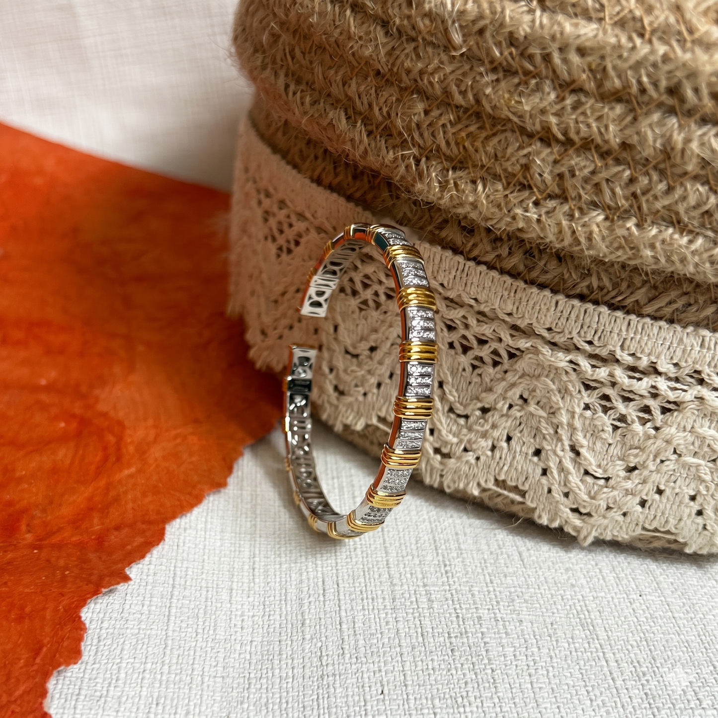 Segmented Dual-Tone Cz Pave Open Cuff Bangle