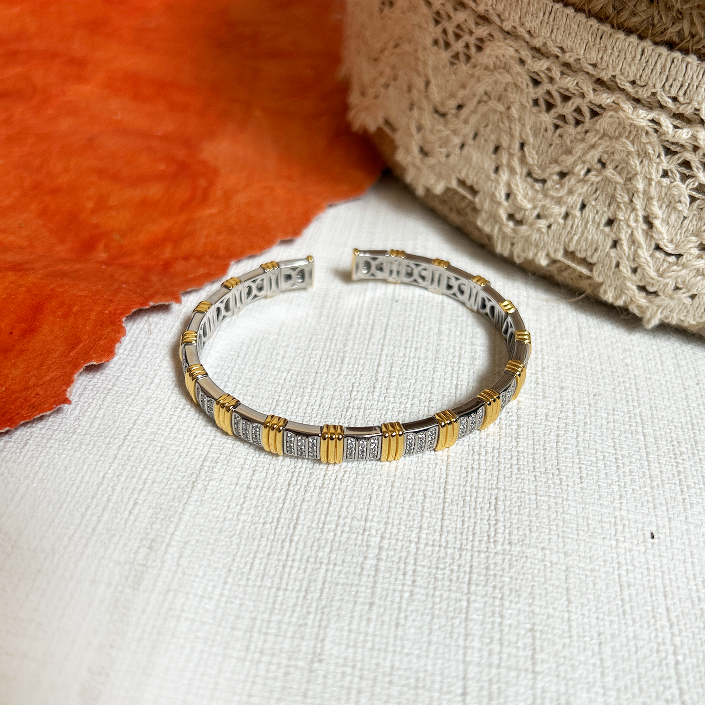 Segmented Dual-Tone Cz Pave Open Cuff Bangle