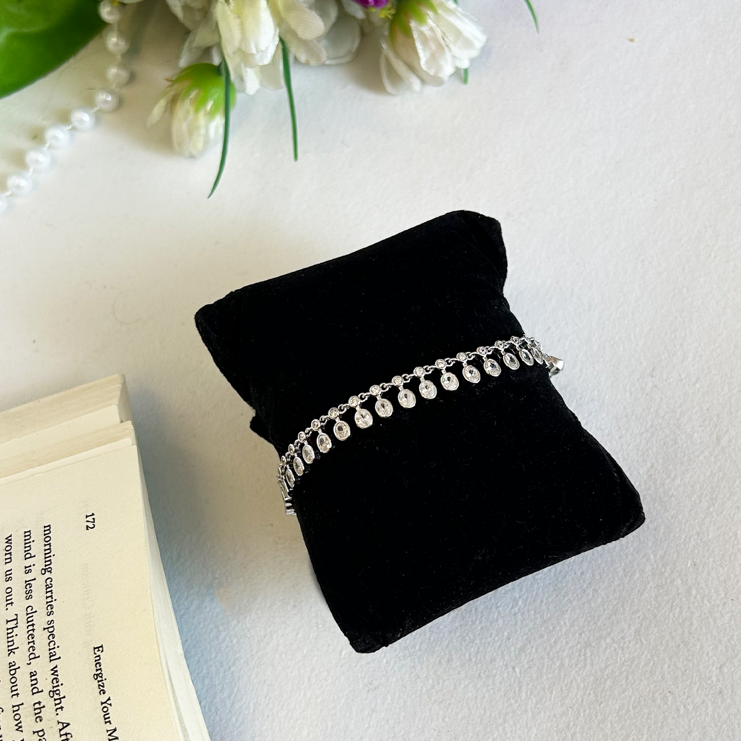 Silver Bezel Oval Stone Fringe Dangle Bracelet