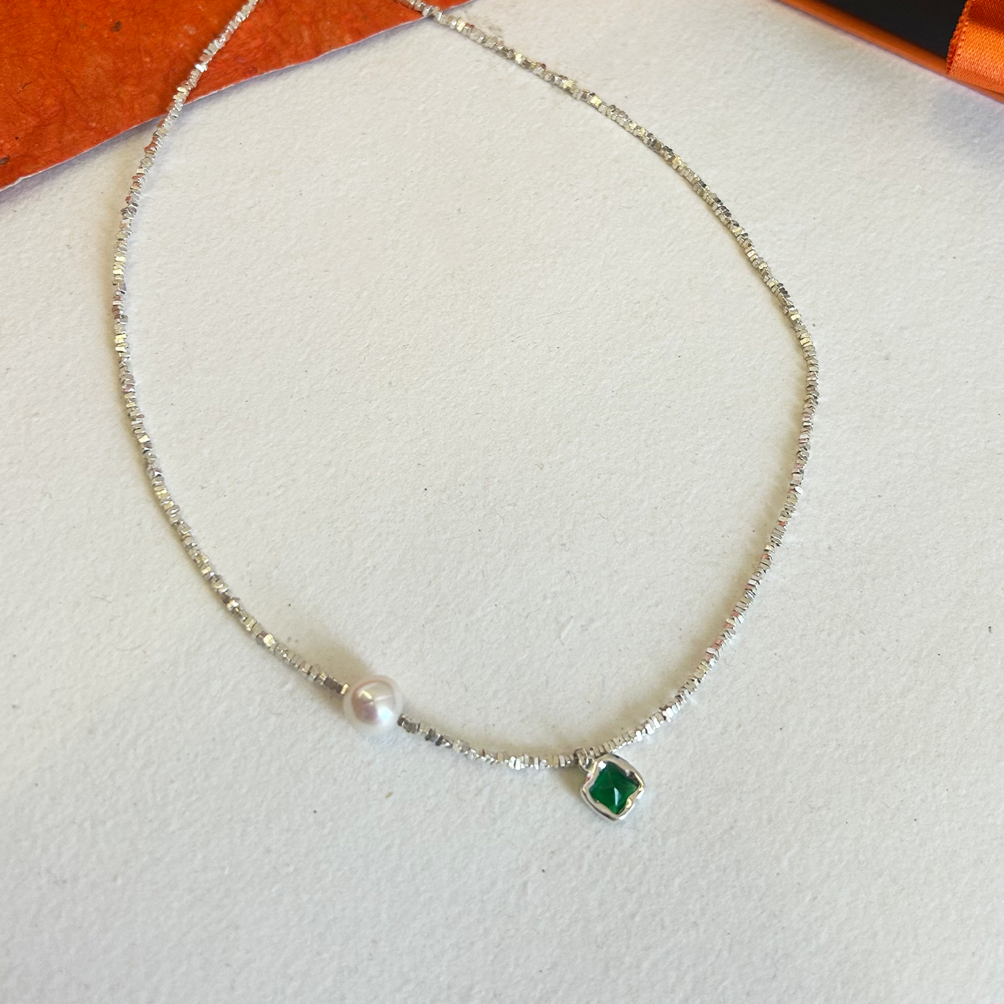 Silver Emerald and Pearl Asymmetric Necklace
