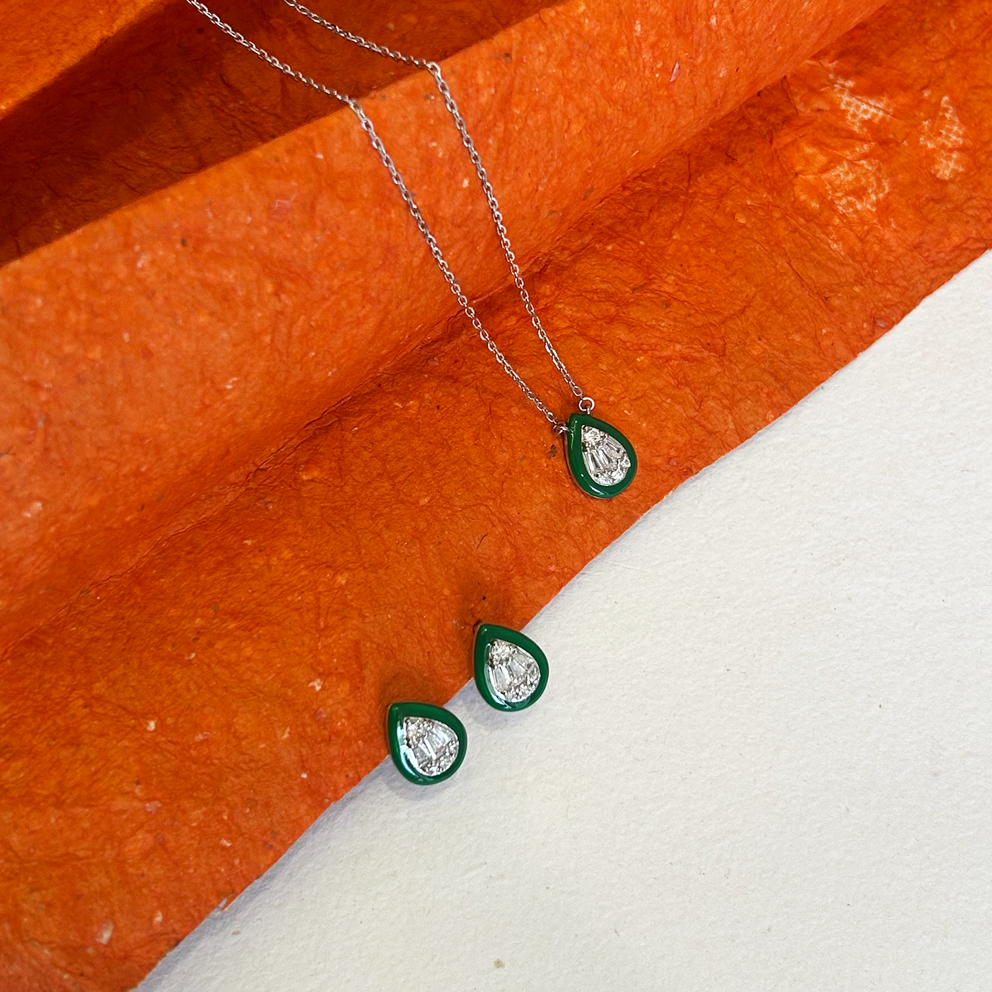 Silver Enamel Teardrop Necklace Bracelet Earring and Ring Set