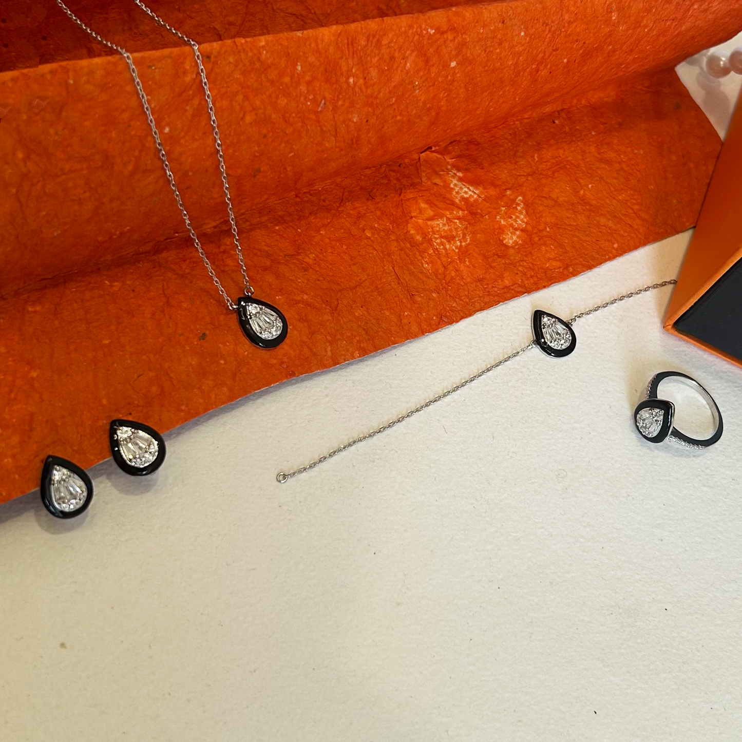 Silver Enamel Teardrop Necklace Bracelet Earring and Ring Set