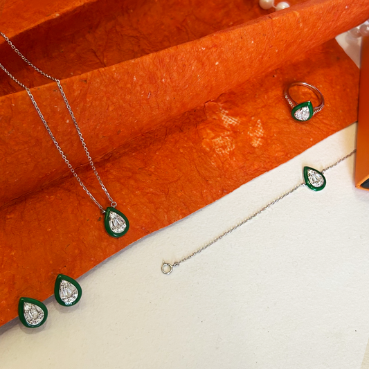 Silver Enamel Teardrop Necklace Bracelet Earring and Ring Set