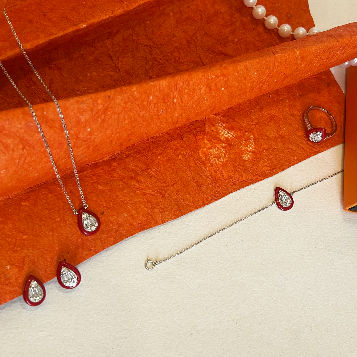 Silver Enamel Teardrop Necklace Bracelet Earring and Ring Set