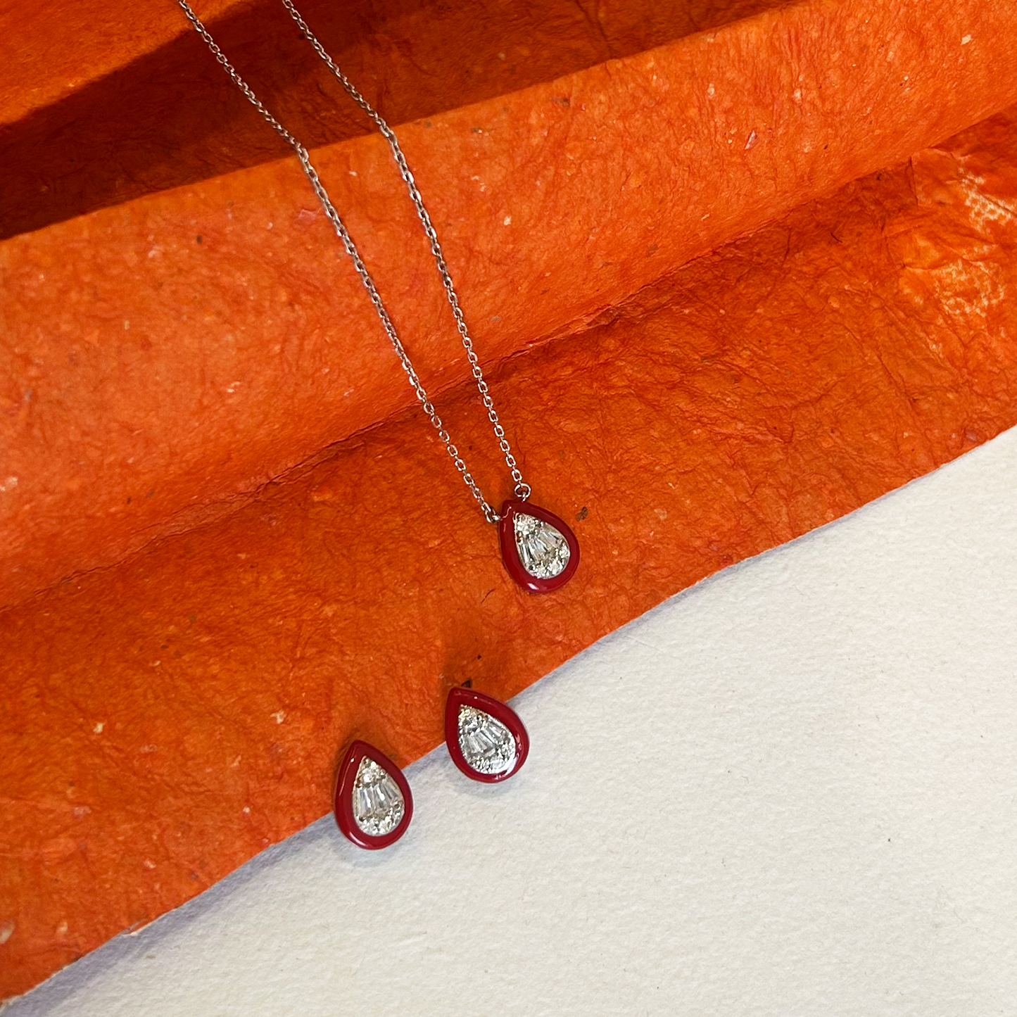 Silver Enamel Teardrop Necklace Bracelet Earring and Ring Set