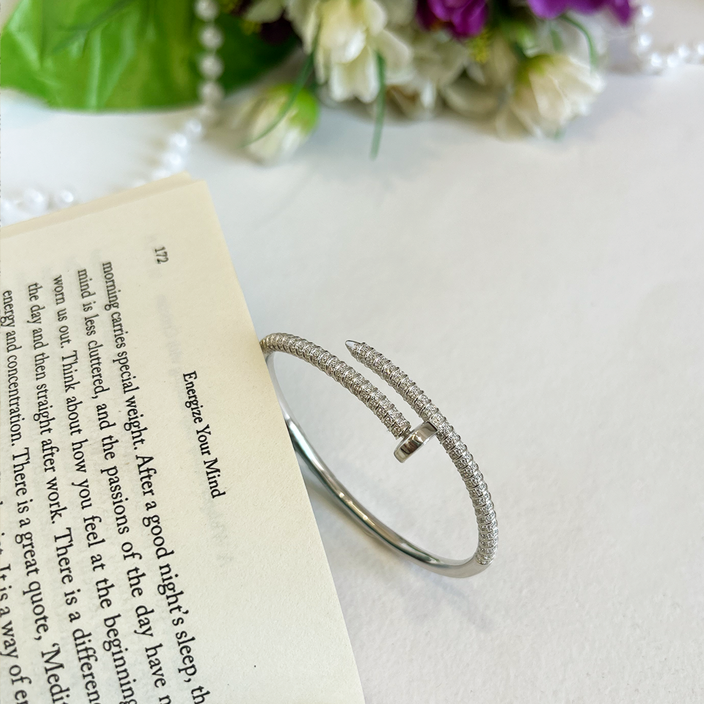 Silver Plated Full Cz Pave Curved Nail Bangle