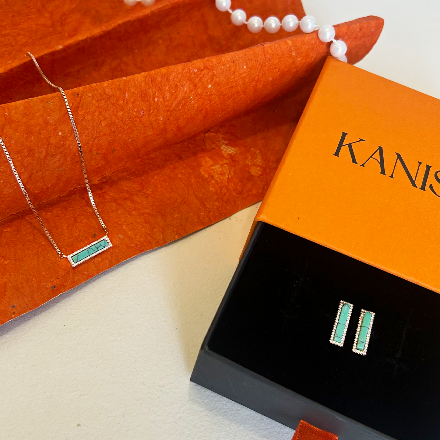 Silver Rectangular Turquoise Bar Necklace and Earring Set
