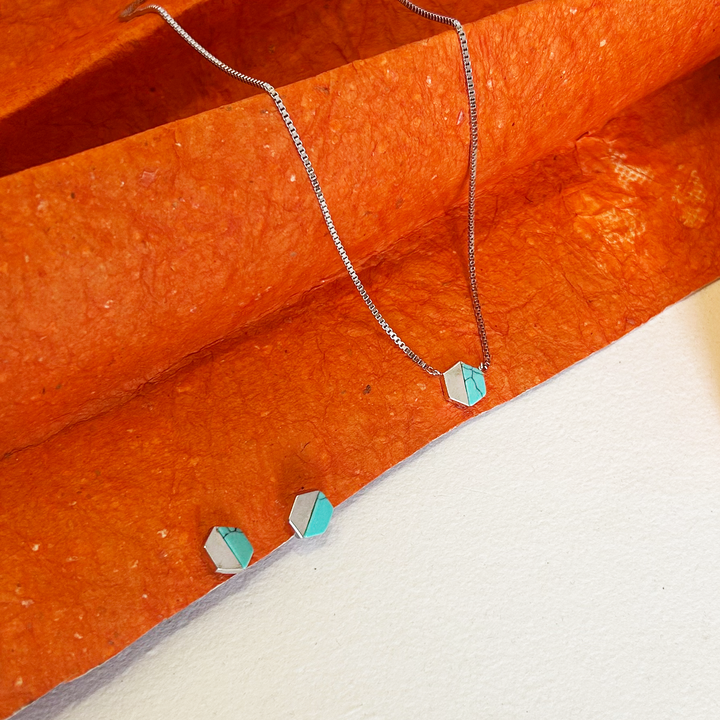 Silver Split Hexagon Turquoise Pendant and Earring Set