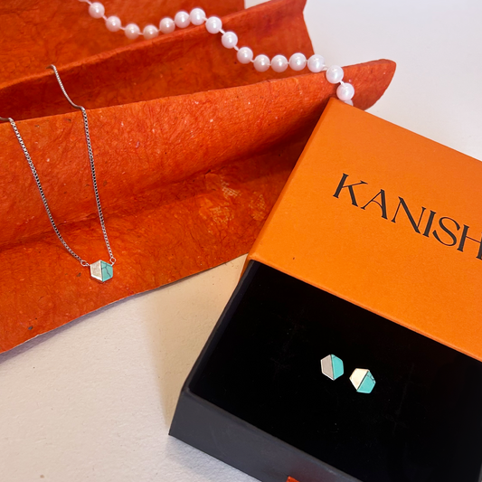 Silver Split Hexagon Turquoise Pendant and Earring Set
