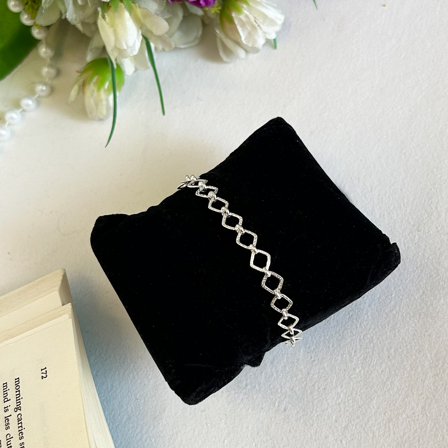 Textured Geometric Diamond Link Silver Chain Bracelet