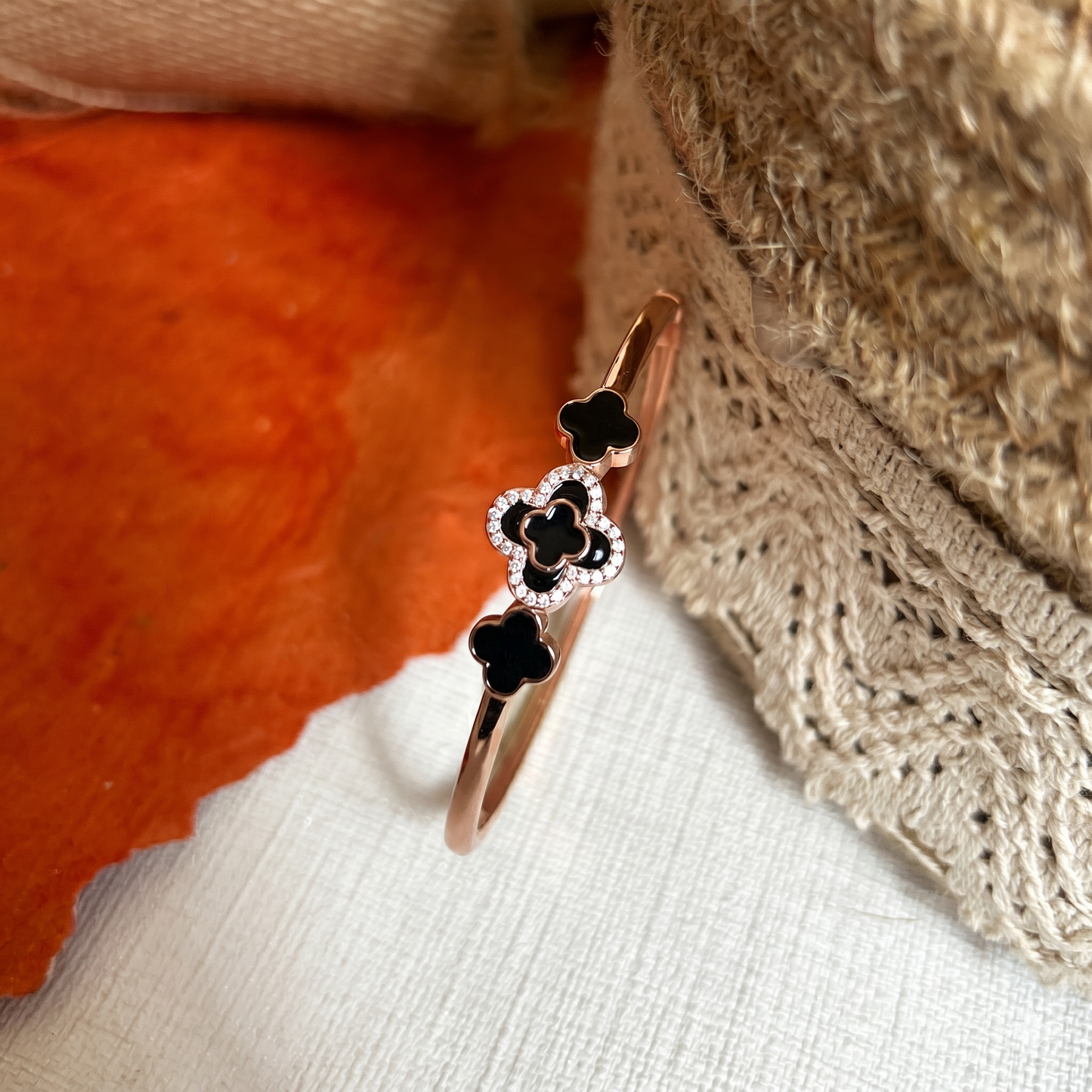 Triple Clover Motif Black Enamel Rose Gold Plated Bracelet
