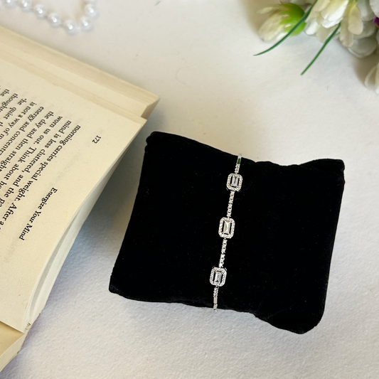 Triple Emerald-Cut Cz Halo Silver Link Bracelet