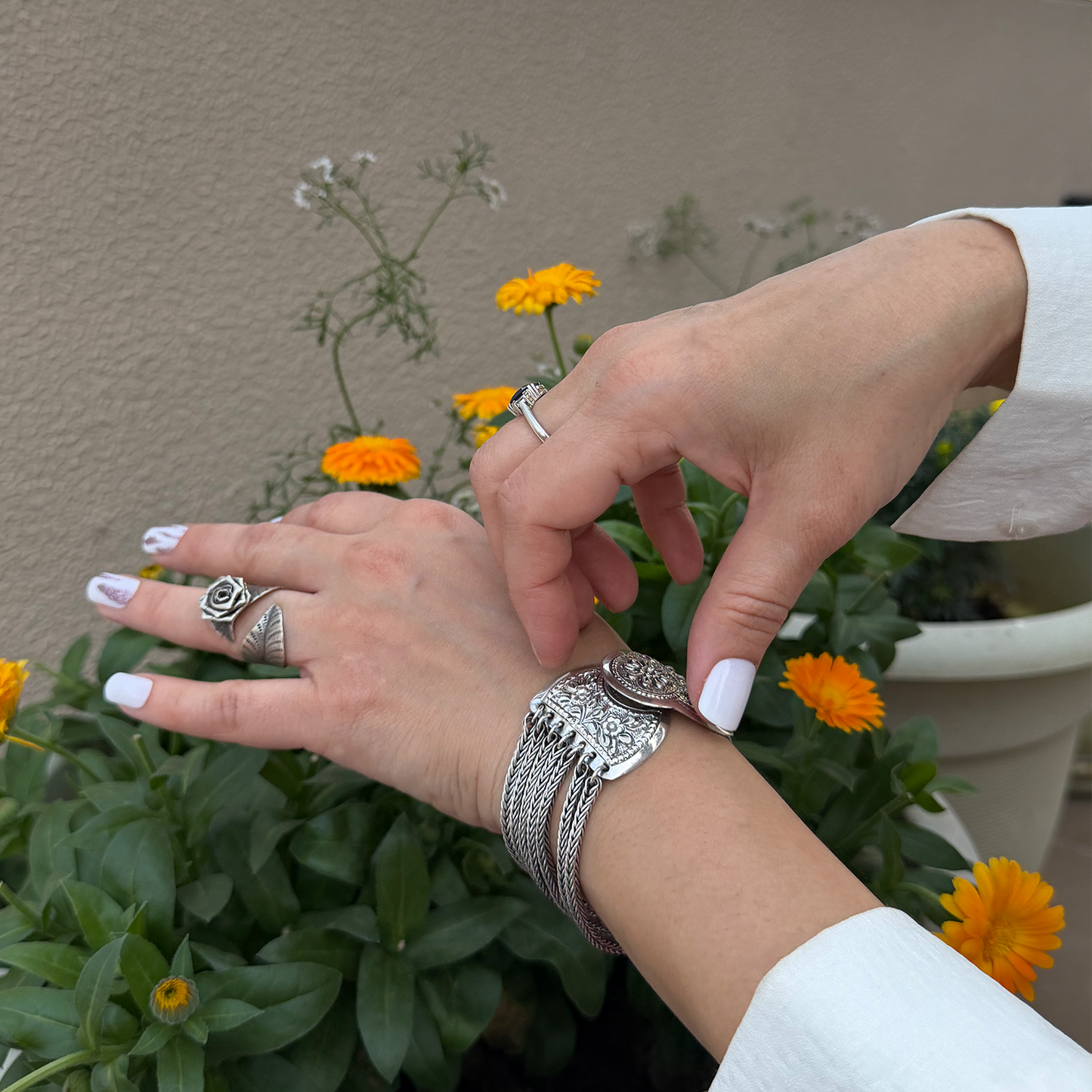 Vintage Bohemian Antiqued Silver Floral End Cap Cuff
