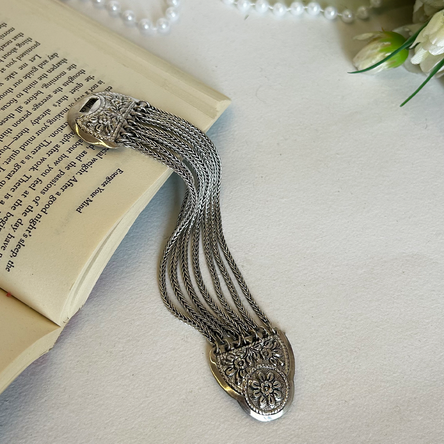 Vintage Bohemian Antiqued Silver Floral End Cap Cuff