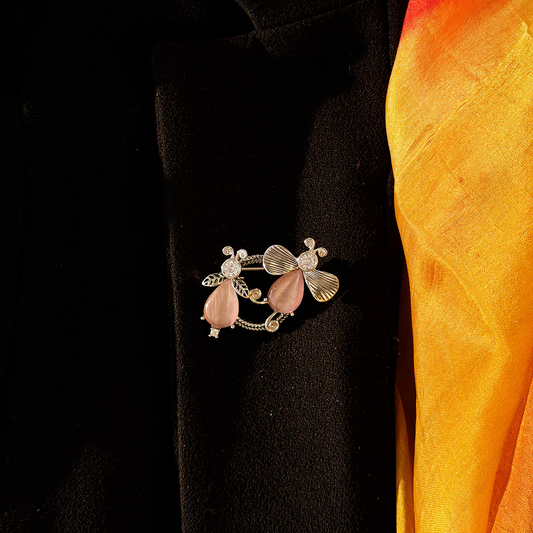 Whispering Wings Pink Stone and Silver Brooch