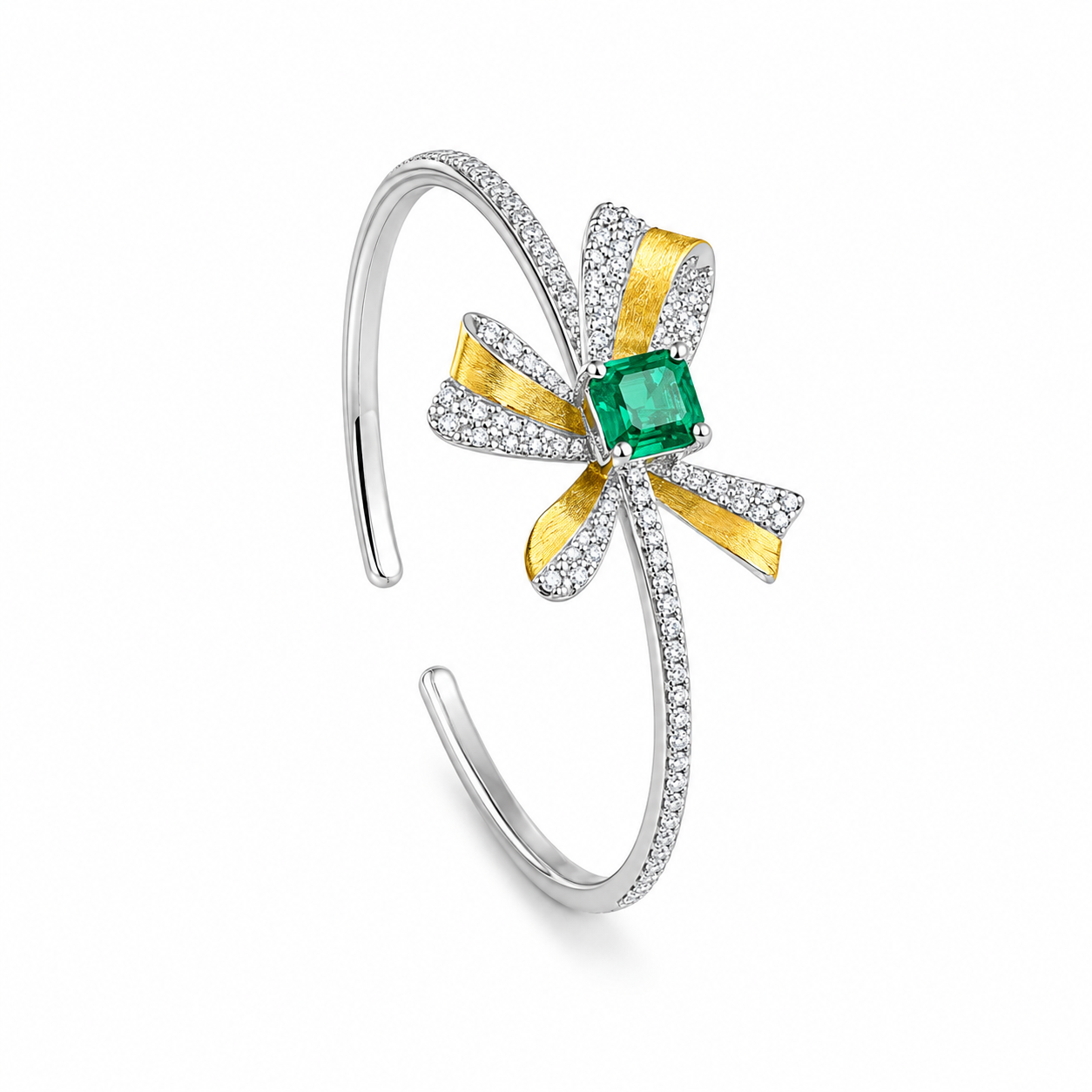 Green Stone Bow Motif Open Cuff Bangle