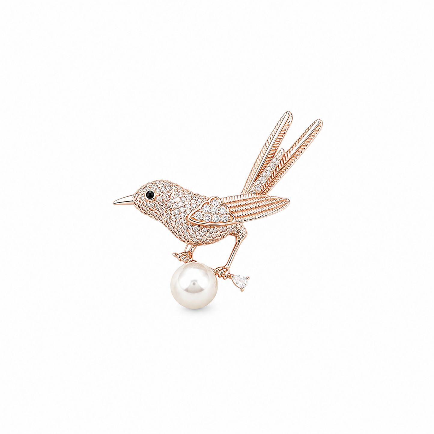 Pearl Crested Songbird Rose Gold Brooch