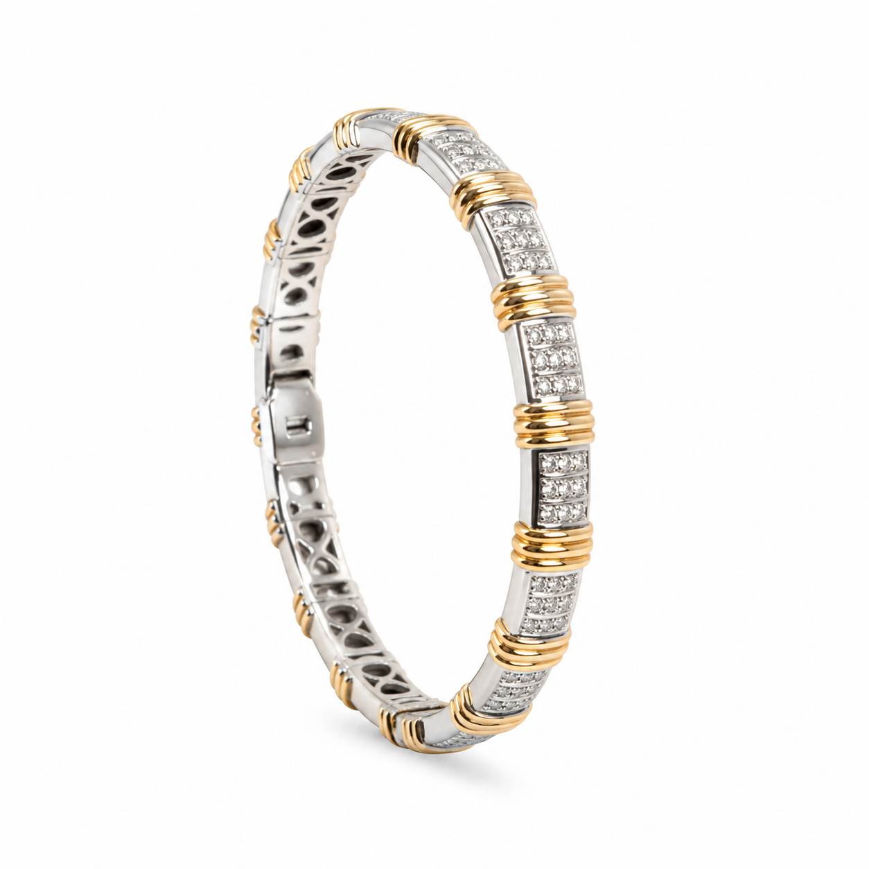 Segmented Dual-Tone Cz Pave Open Cuff Bangle