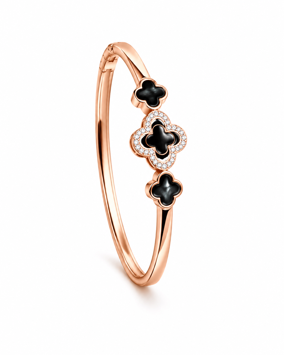 Triple Clover Motif Black Enamel Rose Gold Plated Bracelet
