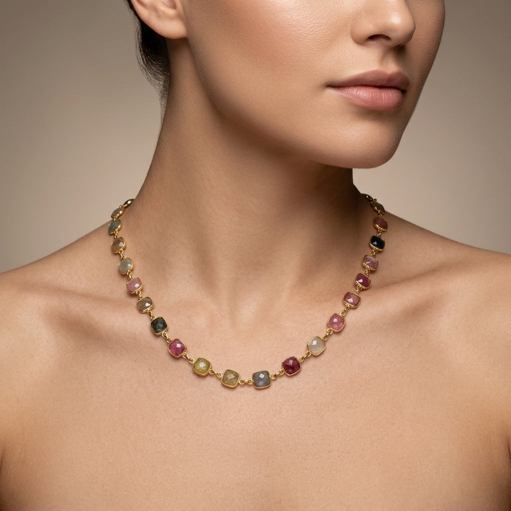 Lustrous 925 Sterling Silver Multi-Sapphire Cushion 19" Gold-Plated Necklace