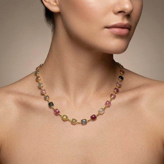 Lustrous 925 Sterling Silver Multi-Sapphire Cushion 19" Gold-Plated Necklace