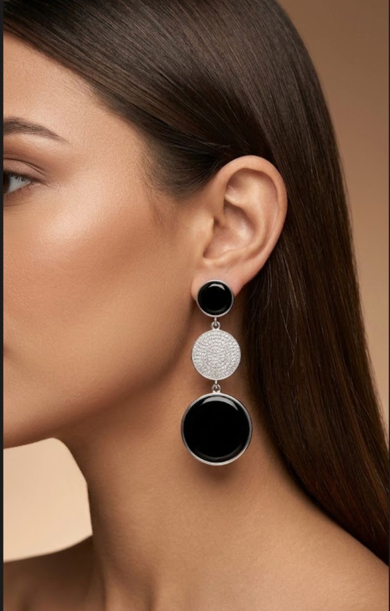 Black Onyx Cz Dangle Silver Earring Stud