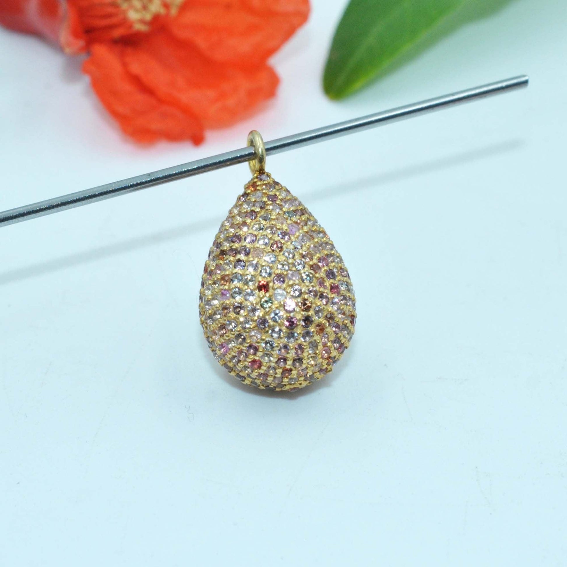 925 Sterling Silver Multi Sapphire Teardrop Charm Kanish
