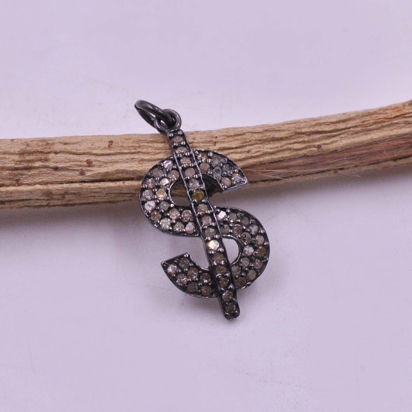 925 Sterling Silver Pave Diamond Dollar Sign Charm Pendant Kanish