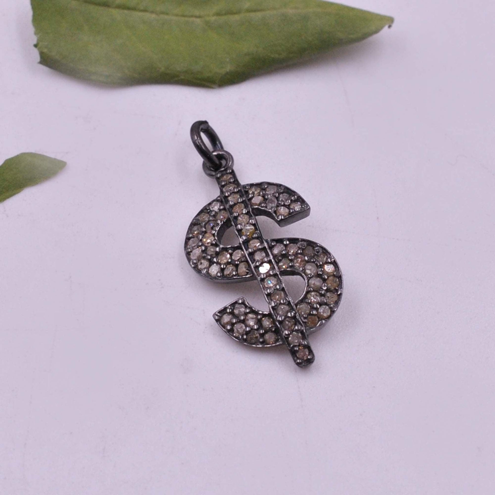 925 Sterling Silver Pave Diamond Dollar Sign Charm Pendant Kanish