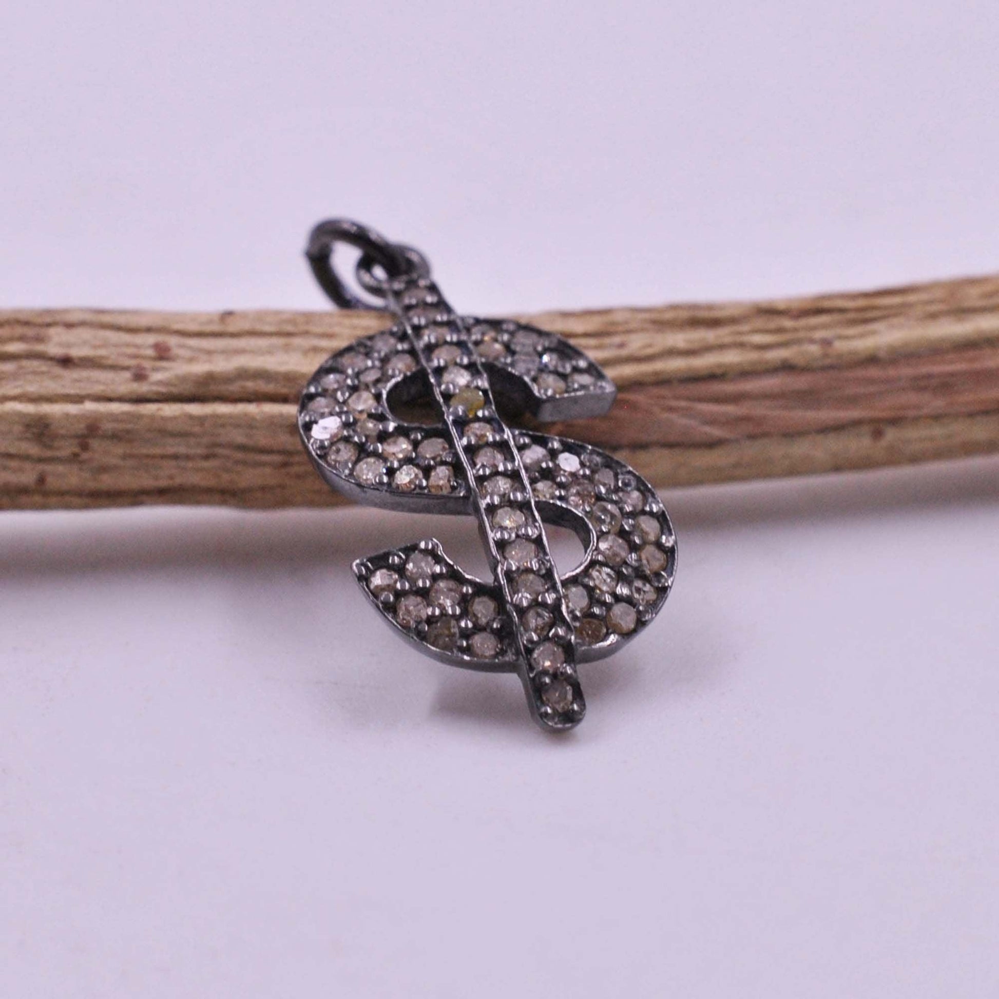925 Sterling Silver Pave Diamond Dollar Sign Charm Pendant Kanish