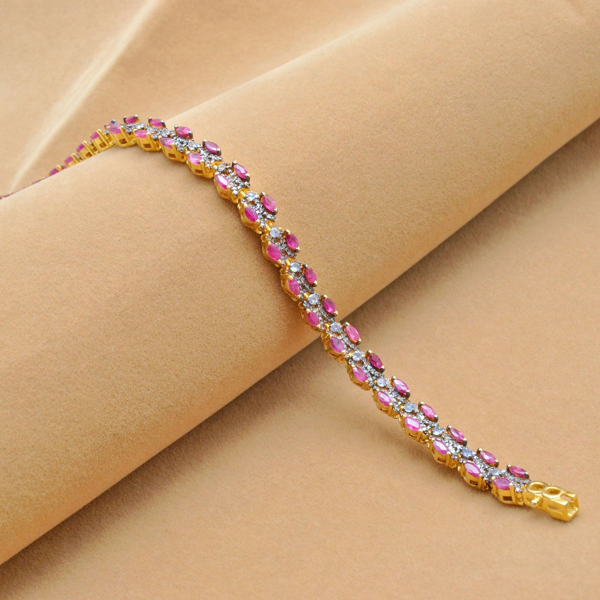 925 Sterling Silver Pave Diamond & Ruby 18k Gold Plated Bracelet Kanish