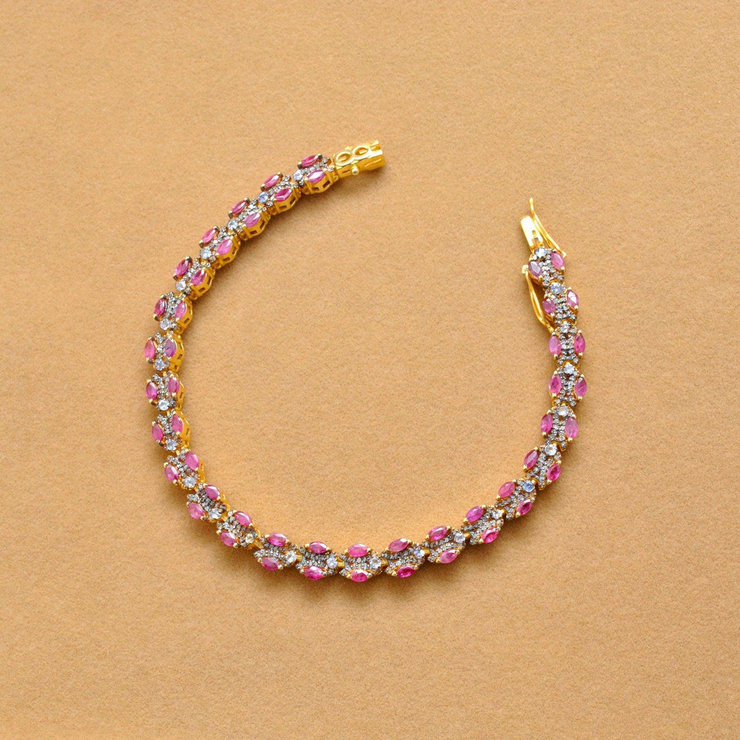 925 Sterling Silver Pave Diamond & Ruby 18k Gold Plated Bracelet Kanish
